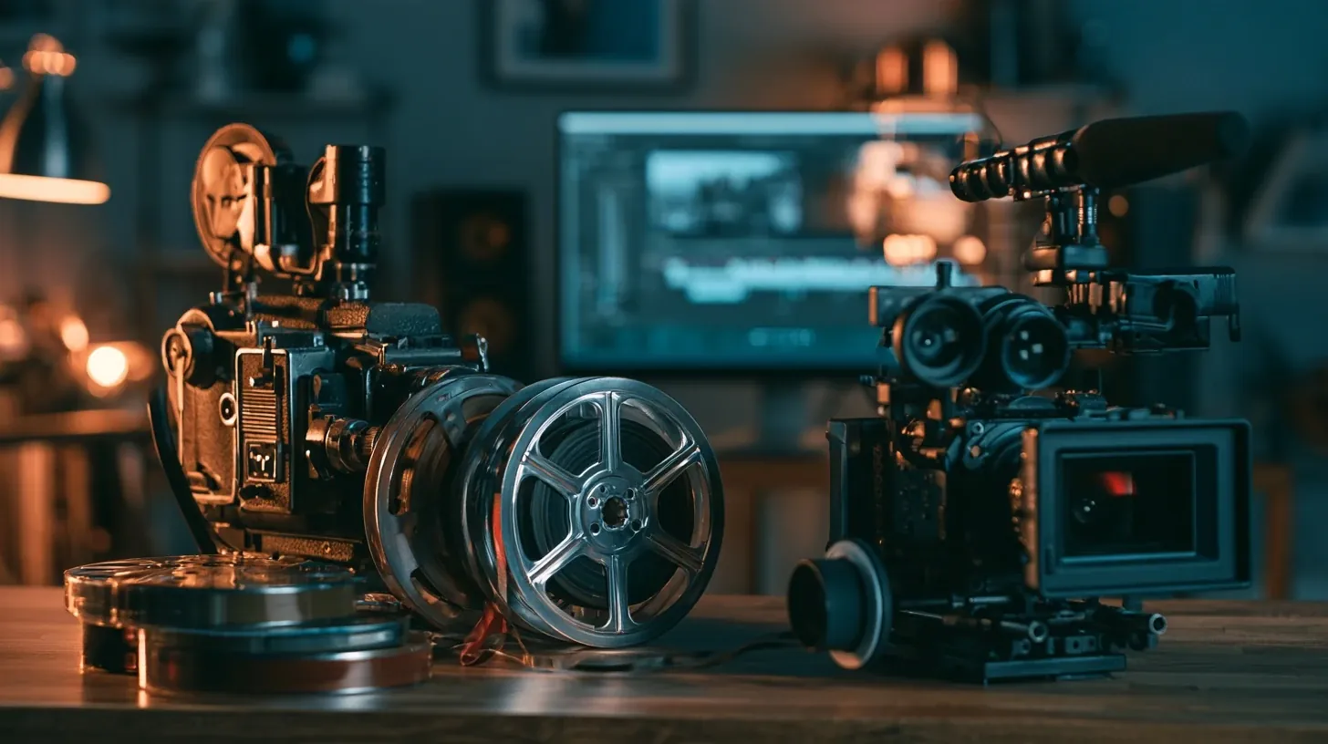 年代物のフィルム機材と最新のシネマカメラが並ぶ編集デスク