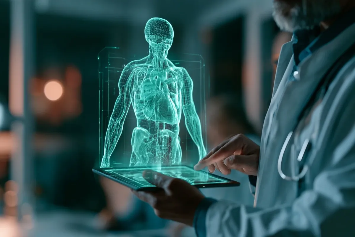 タブレットの上に人体の3Dモデルが立体表示されているARのイメージ